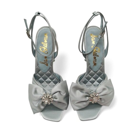 Sam Edelman Lexi Size 9 Cape Blue Satin Embellished Bow Ankle Strap Dress Sandal - Picture 13 of 16